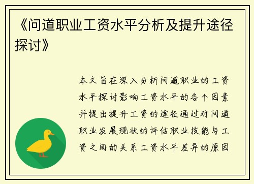 《问道职业工资水平分析及提升途径探讨》
